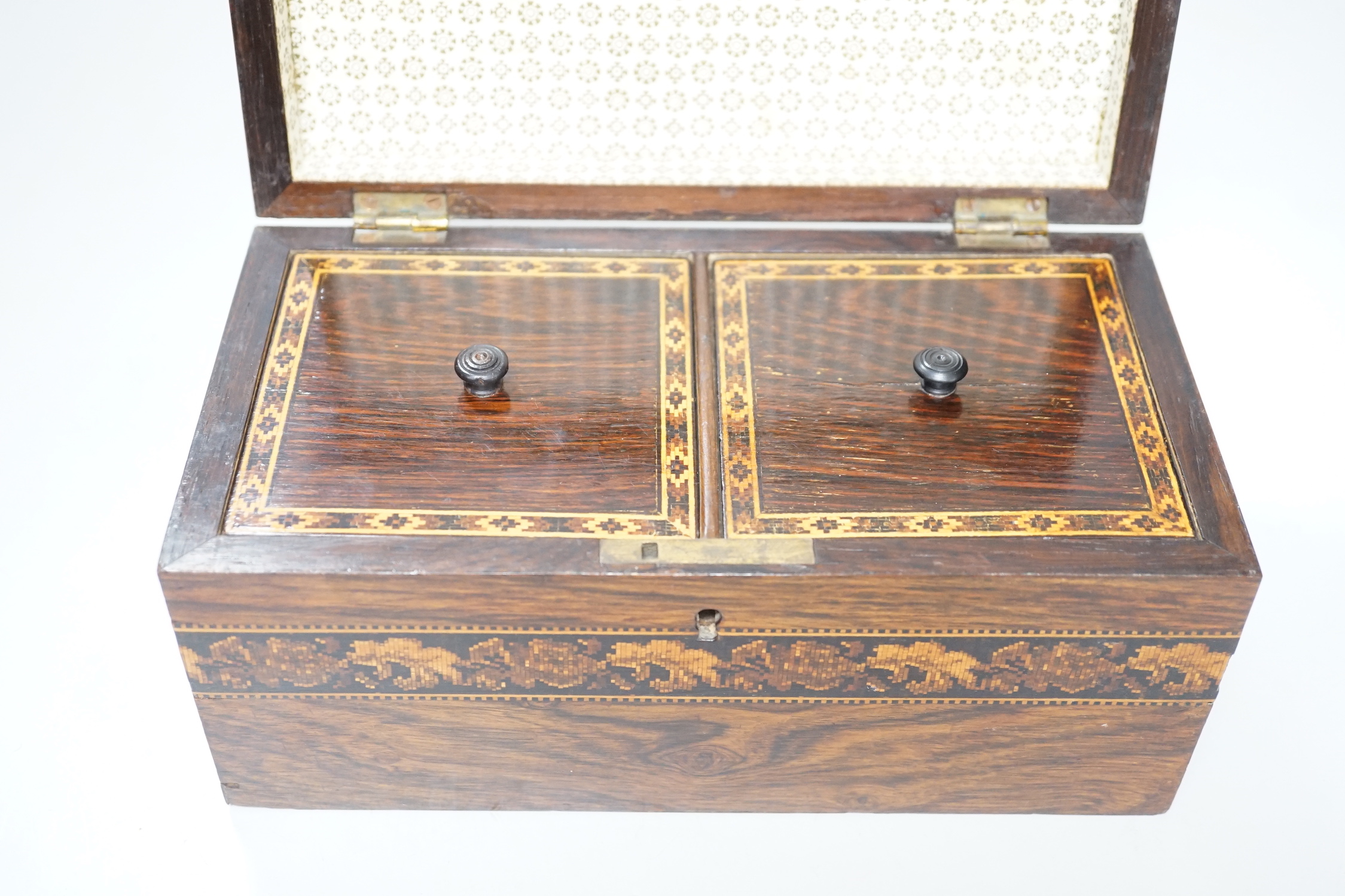 A 19th century Tunbridge ware rosewood tea caddy, 22cm wide